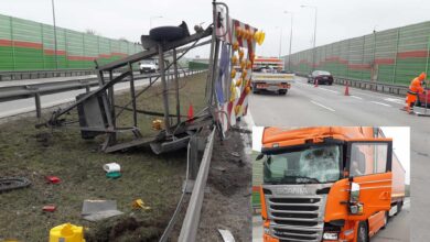 Photo of Na S8 ciężarówka staranowała pojazd służby drogowej – ZDJĘCIE